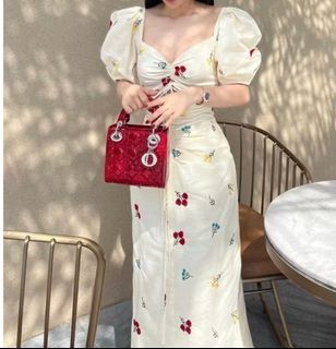 Cream Floral Puff Sleeve Ruched Midi Dress