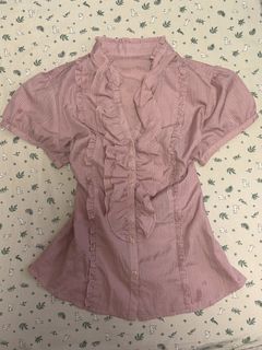 Jirai Kei Whimsical Y2k Vintage J fashion Pink Ruffled Button-Up Blouse with Puff Sleeves