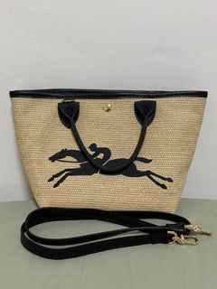 Longchamp Straw Tote Bag with Leather Trim and Horse Logo
