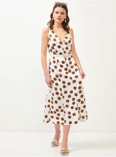 SETRE White Brown Polka Dot Sleeveless Midi Dress Belted