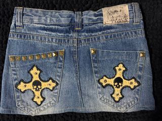 y2k emo vkei grunge Japanese Feeling  Jeans skirt with Skull Cross Embellishments