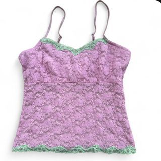 Y2k Pastel Pink lace crop top with green lace trim