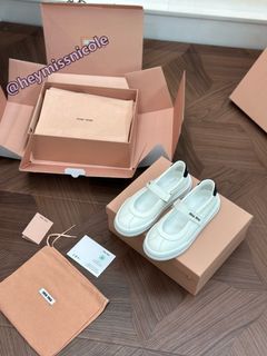 MIU MIU leather calfskin ballet flats with Velcro logo, Mary Jane style, white and royal blue.