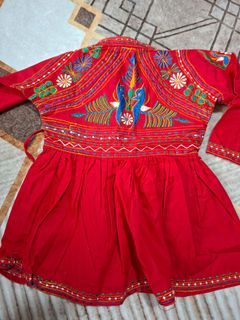Red Embroidered Dress with Orange Pants Set