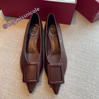 Roger Vivier Viv' in the City Leather Lambskin Pointed-Toe Slip-On Ballet Flats Chunky Heels in Burgundy