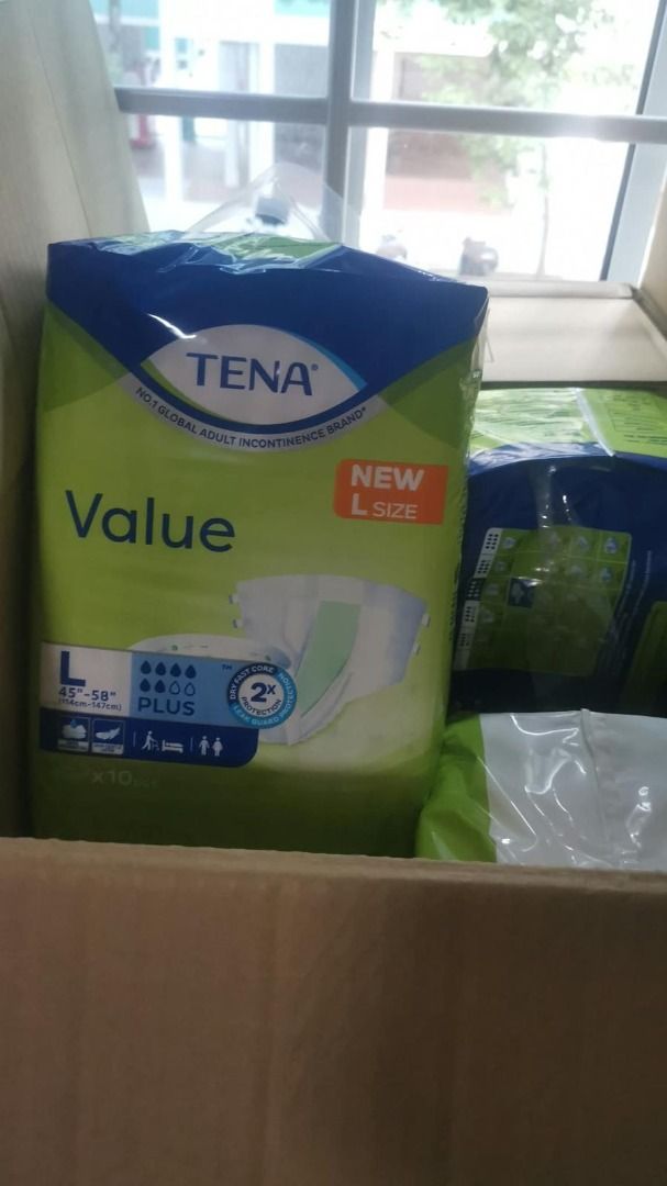 TENA/AvantDry Value Core Skinova Advanced Adult Unisex Diapers Size L Tape type 10pcs pack (Category: Diapers & Baby Wipes) located in Singapore. Submitted by popxbox (Listing ID 1458727846, Image 1). Description: $6 per bag Have 6 pack .