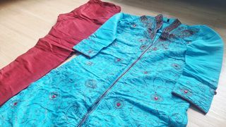 Turquoise Kurta with Red Pants Indian Ethnic Wear