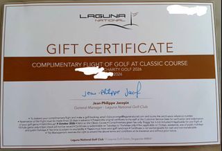 Certificate for Golf Flight for 4 golfers at Laguna National Classic course, Singapore