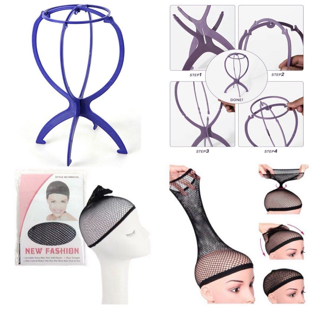 Wig Stand and Wig Cap Net Cosplay Drag Halloween Purple Blue Black (Category: Hair) located in Singapore. Submitted by spoingus (Listing ID 1452742033, Image 1). Description: - Wig stand available for drying, styling, and storage. - Helps maintain wig shape and longevity. - Includes multiple black wig cap net for securing natural hair. - Ideal for cosplay, drag, Halloween, and everyday wig use. - Essential accessory for any wig enthusiast. - Chat