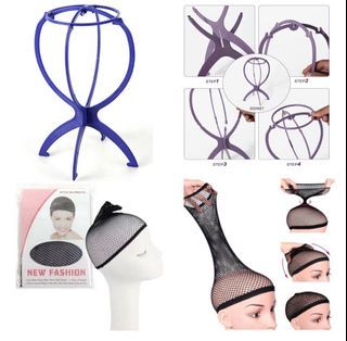 Wig Stand and Wig Cap Net Cosplay Drag Halloween Purple Blue Black