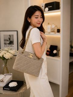 Chanel Quilted Canvas Chain Shoulder Bag Beige Gold