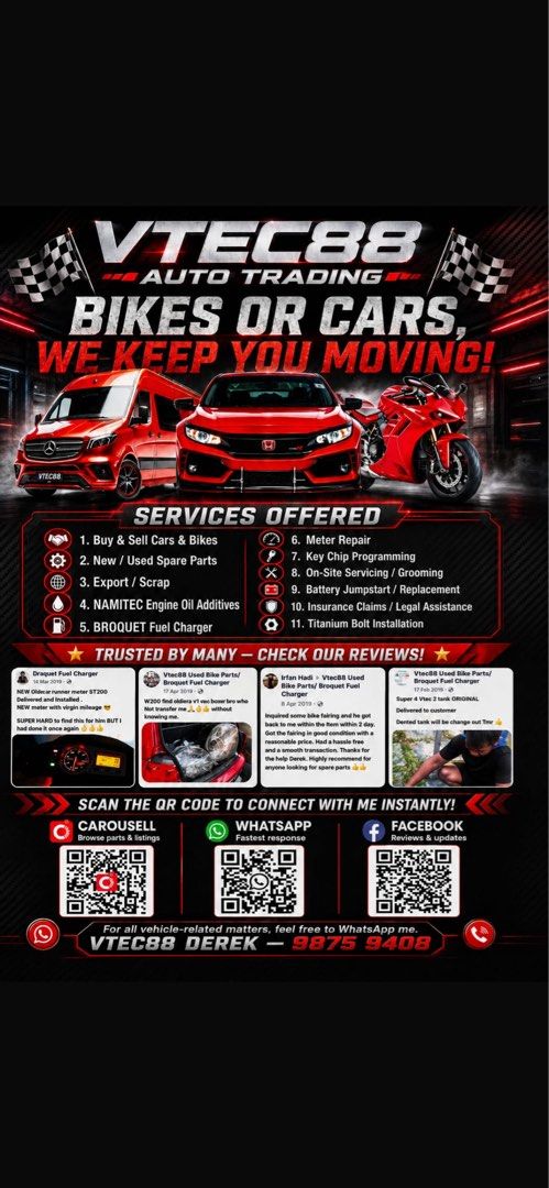 Insurance Quote for all your vehicles ! Personal and workers insurance! Coe renewal loans and many other svc (Category: Other Car Services) located in Singapore. Submitted by vtec88 (Listing ID 1453902633, Image 2). Description: Insurance for cars bikes and all vehicles Tons of positive reviews on Google, Facebook 20 years in the automotive and bike industry. Honest and transparent We also do COE renewal loans, car and bike purchase loans Persona