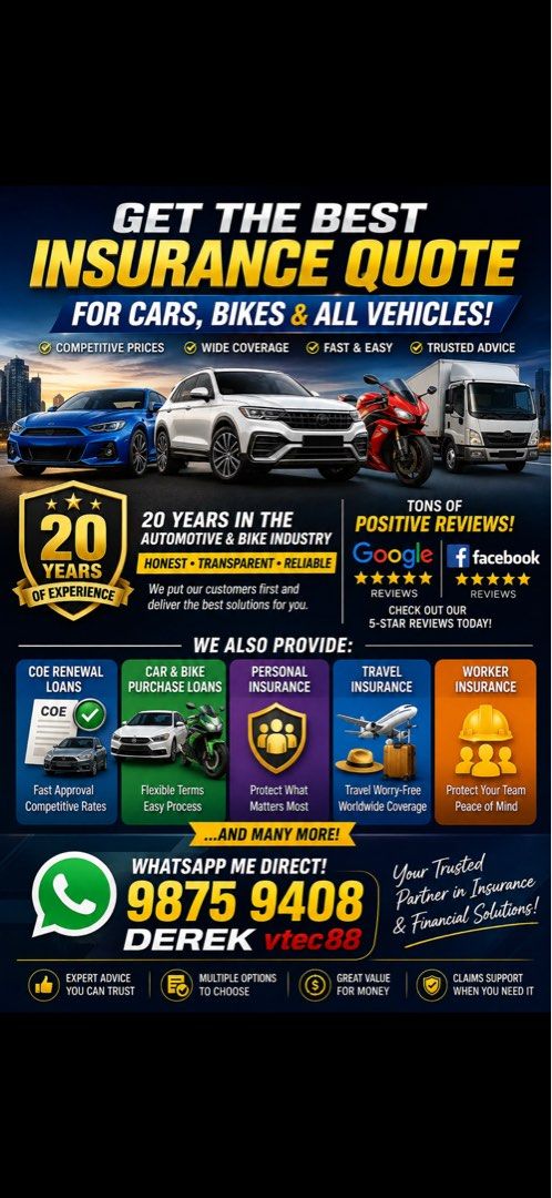 Insurance Quote for all your vehicles ! Personal and workers insurance! Coe renewal loans and many other svc (Category: Other Car Services) located in Singapore. Submitted by vtec88 (Listing ID 1453902633, Image 1). Description: Insurance for cars bikes and all vehicles Tons of positive reviews on Google, Facebook 20 years in the automotive and bike industry. Honest and transparent We also do COE renewal loans, car and bike purchase loans Persona