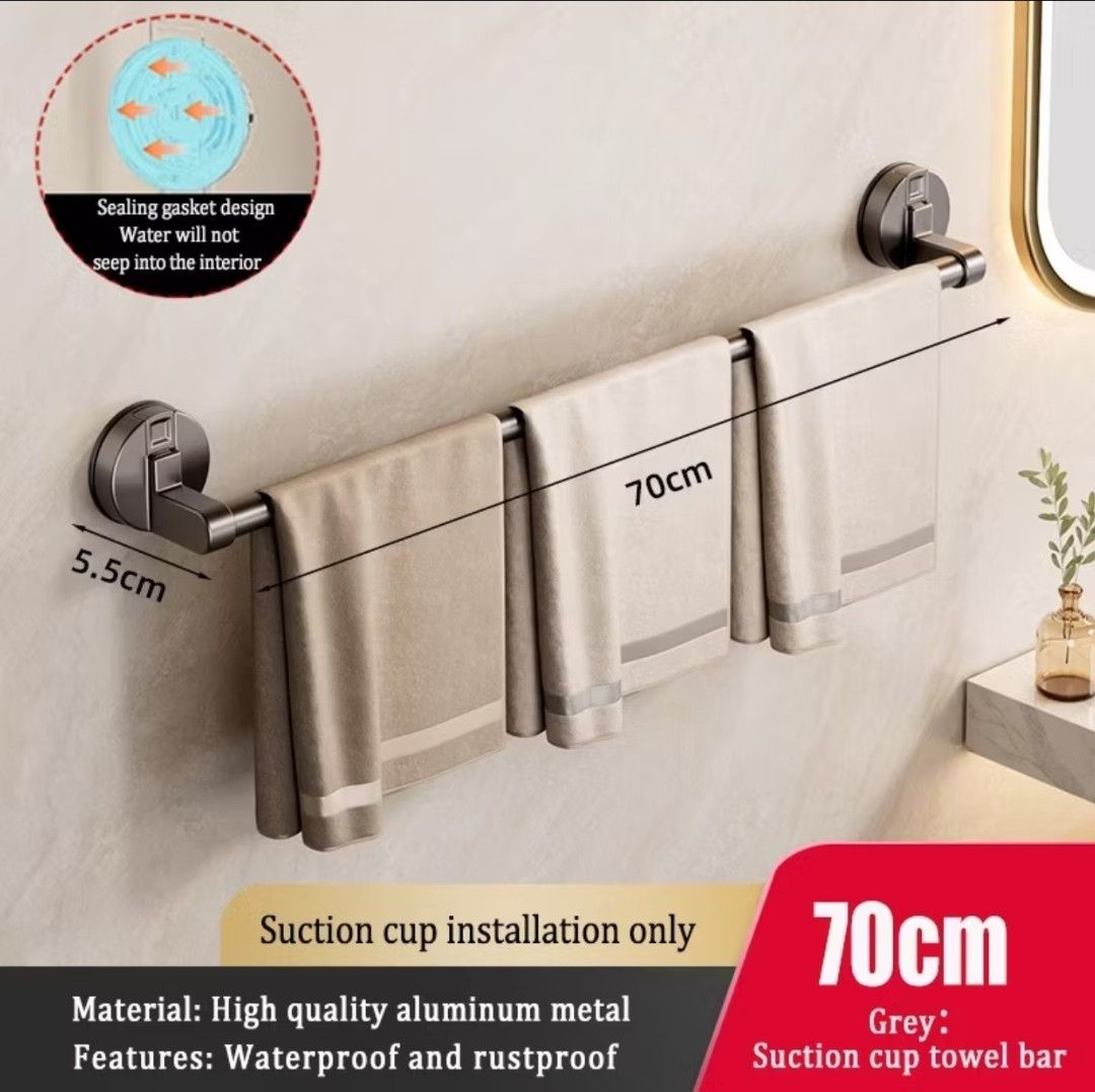 Bathroom Suction Cup Towel Bar Holder No-Drill Pole (Category: Bathroom & Kitchen Fixtures) located in Singapore. Submitted by instocksnia (Listing ID 1454030992, Image 2). Description: Brand new in box Suction type, no need to drill Color: Grey Measurement: 70cm Price: $15 Delivery +$4 or self collect @ bt panjang.