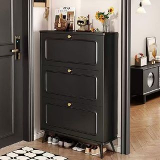 Modern Black 3-Tier Shoe Cabinet with Storage