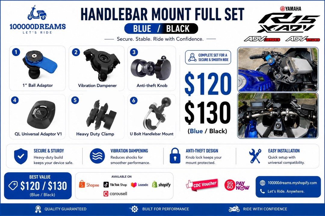 (CDC VOUCHER ✅) QUADLOCK - XMAX V1 V2 V3 2025 NMAX V2 TURBO HANDPHONE MOUNT FOR MOTORCYCLE BICYCLE Yamaha XMAX V1/V2, NMAX V2, R15, XSR, Honda CB400, CBR, ADV, XADV, SYM and more. (Category: Motorcycle Accessories) located in Singapore. Submitted by 100000dreams (Listing ID 1366486279, Image 9). Description: ✅ 100% Authentic QuadLock | With Official Warranty ✨ Don't settle for fakes — all our QuadLock products are guaranteed authentic and come wi