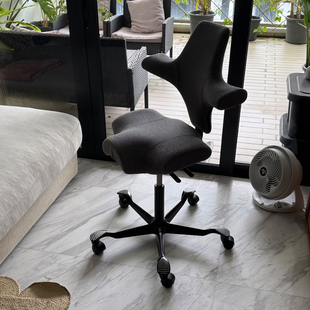 HAG Capisco 8106 Ergonomic Grey Chair Steelcut Trio 153 Grey Sewing Wheels (Category: Chairs) located in Singapore. Submitted by wlshr (Listing ID 1454453361, Image 2). Description: Originally purchased from W.Atelier for SGD1.5k. Excellent condition. Very well cared for. The fabric chosen for this Capisco is steelcut trio which is extremely durable. Upholstery: Steelcut Trio 153 Grey Sewing Thread: Standard Colour Metal: Black Footbase: Alu G3 C