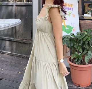 Lovet Pastel Green Tiered Midi Dress with Ruffle Straps