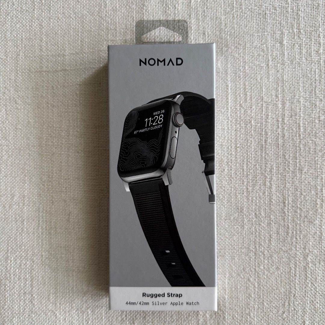 NOMAD Rugged Strap for 44mm/42mm Apple Watch (Category: Wearables & Smart Watches) located in Singapore. Submitted by wlshr (Listing ID 1454467819, Image 1). Description: - NOMAD Rugged Strap - Compatible with 42mm & 44mm Apple Watch - Made from durable FKM fluoroelastomer and stainless steel - Comfortable for everyday wear - Colour: Black.
