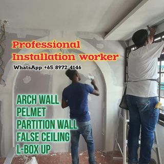 Installation Service, arch wall make, pelmet install, partition wall install, false ceiling install, L box up install, Led light install, re wiring, glass panel install, painting, plastering, access panel install, ceiling repair, light Change, power point