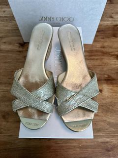 Jimmy Choo Sz 39.5 Panna Champagne Glitter Cork Wedge Sandals
