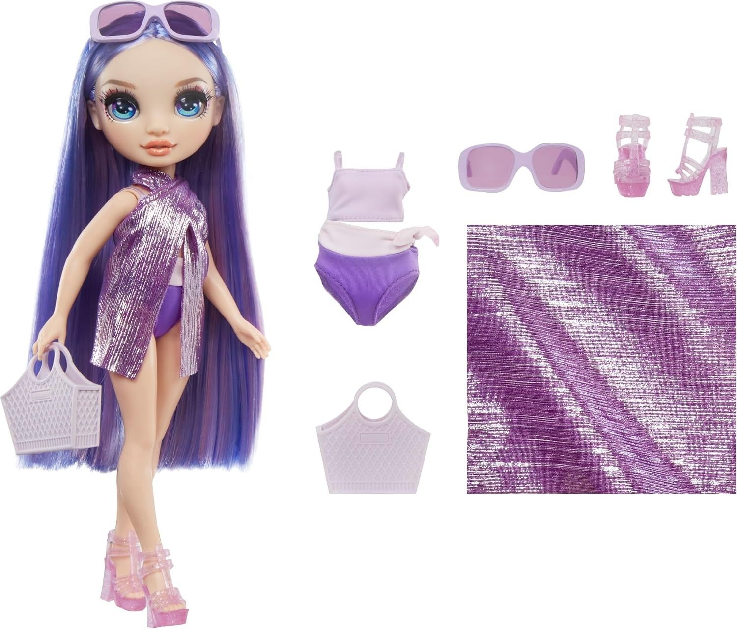 Rainbow High Swim & Style Violet, Purple 11" Fashion Doll with Shimmery Wrap to Style 10+ Ways, Removable Swimsuit, Sandals, Fun Play Accessories, Great Toy Gift for Girls Kids Ages 4-12 Years (Category: Toy Figures) located in Singapore. Submitted by dealshark.com (Listing ID 1458928259, Image 2). Description: INSPIRES KIDS TO BE CREATIVE: Our new, Rainbow High Swim & Style Violet Fashion Dolls comes with an adorable wrap that can be styled 10+w