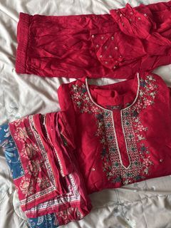 Red Embroidered Kurta with Pants and Dupatta