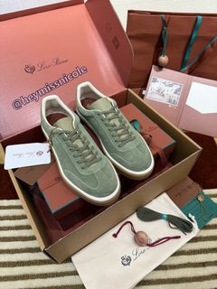 Loro Piana Tennis Walk Suede Round Toe Lace-up German Training Low-top Sneakers in Green