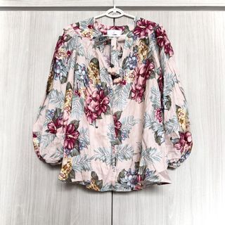 Vintage Linen Floral Blouse with Tassel Tie Neck