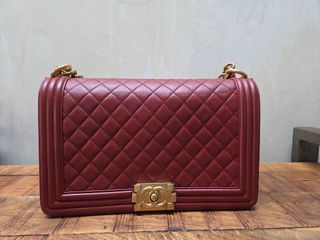 Chanel Boy Bag Burgundy Leather Gold Hardware