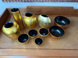 Gold and Black Lacquer Decorative Vases and Bowls Set