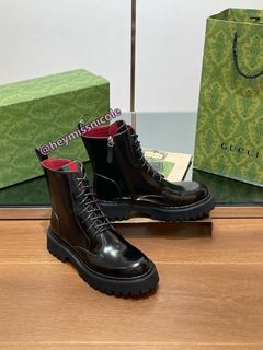 GUCCI Leather Round Toe Color-Blocked Webbing Ankle Boots, Black