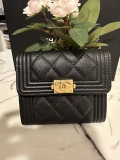 Microchips Black Caviar; Boy Wallet Retailing at $1700; Chanel Classic Boy Small/ Short Trifold Flap Wallet in Goldhardware Black Caviar (price fixed)