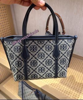 TORY BURCH Monogram Perry Logo Print Adjustable Detachable Shoulder Strap Tote Bag Shopping Bag Shoulder Bag Handbag Mini Navy Blue
