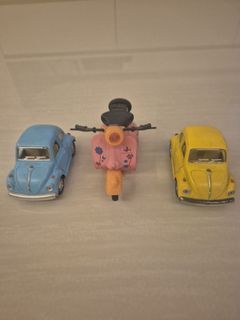 Miniature Yellow and Blue Beetle Toy Cars &  Pink Scooter