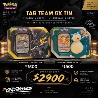 Pokemon Tag Team Gx Sealed Tin Pikachu & zekrom / Snorlax & Eevee  / Sun & Moon